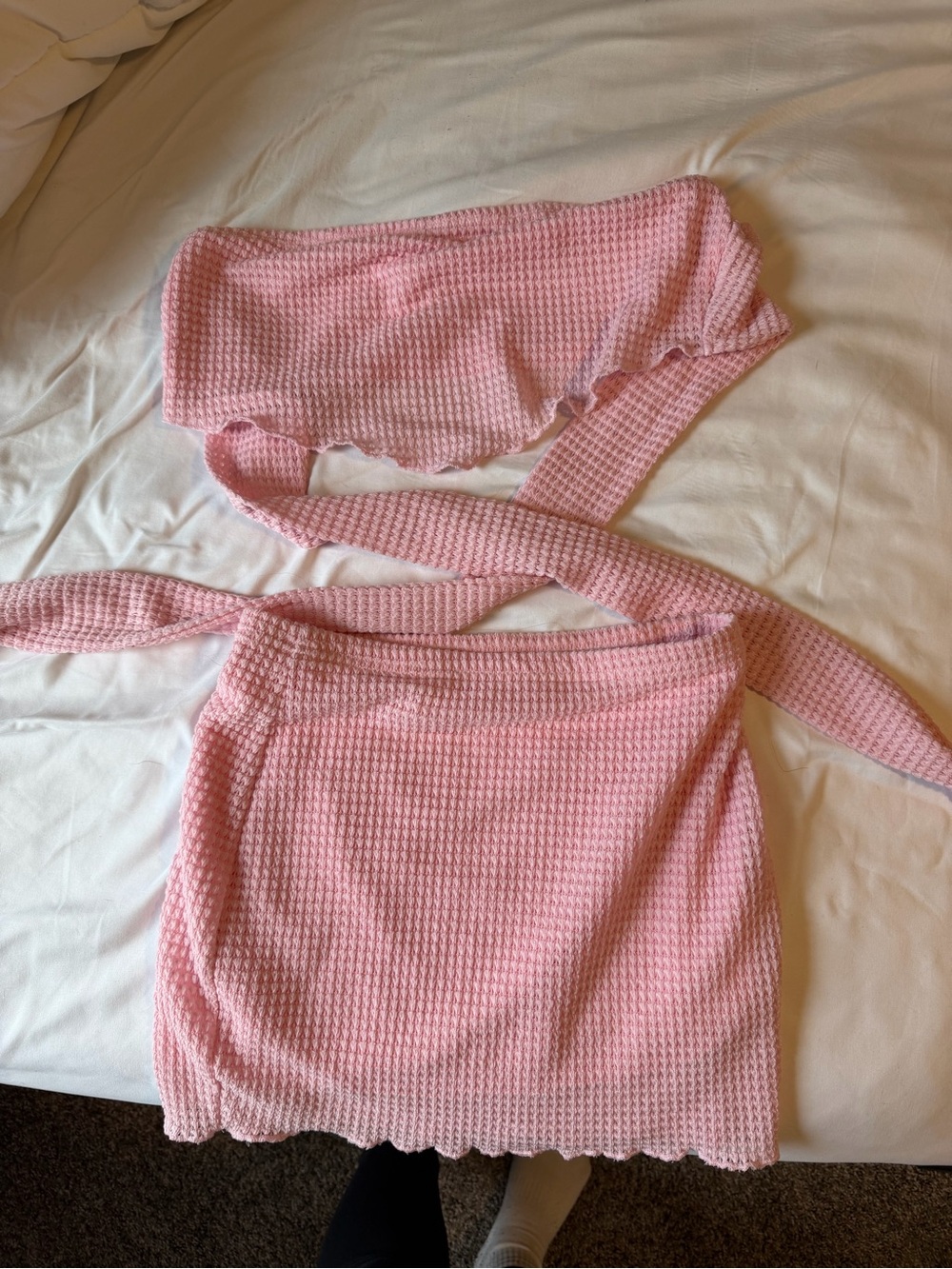 SHEIN Pink Waffle-Knit Wrap Mini Skirt Set